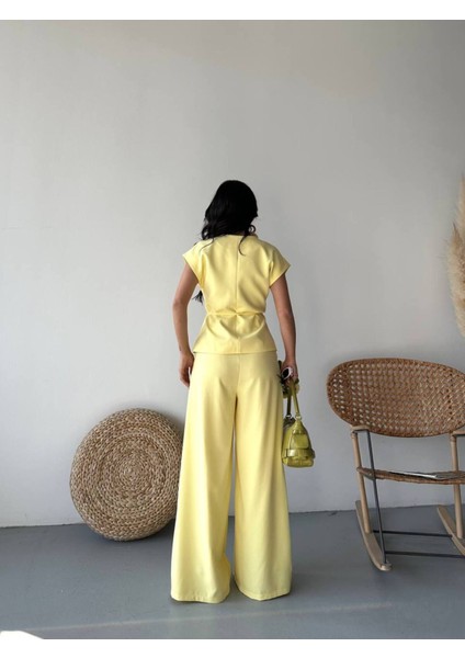 Kadın Kuşaklı Yelekli Palazzo Pantolonlu Takım Elbise