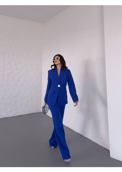 Kadın Gold Kurabiye Düğmeli Blazer Ceket Palazzo Pantolon Takım Elbise modelleri