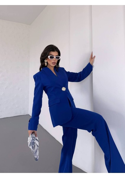 Kadın Gold Kurabiye Düğmeli Blazer Ceket Palazzo Pantolon Takım Elbise fırsatları