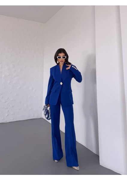 Kadın Gold Kurabiye Düğmeli Blazer Ceket Palazzo Pantolon Takım Elbise