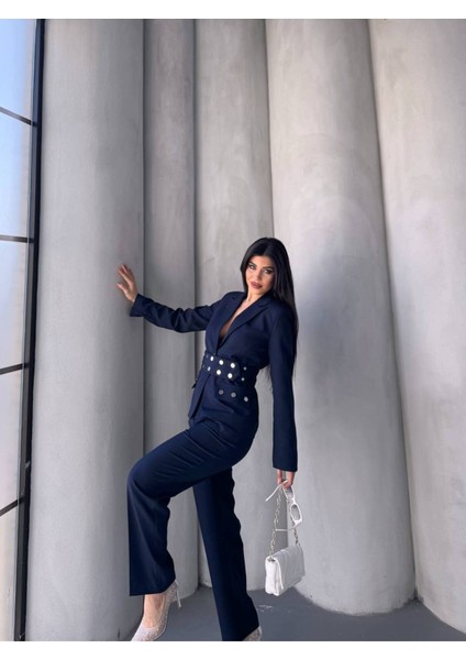 Kadın Zımba Kemer Detaylı Çıtçıtlı Cekete Palazzo Pantolon Şık Takım Elbise indirimleri