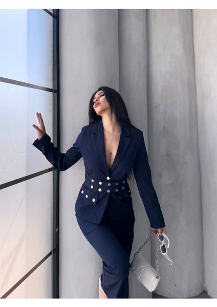 Kadın Zımba Kemer Detaylı Çıtçıtlı Cekete Palazzo Pantolon Şık Takım Elbise