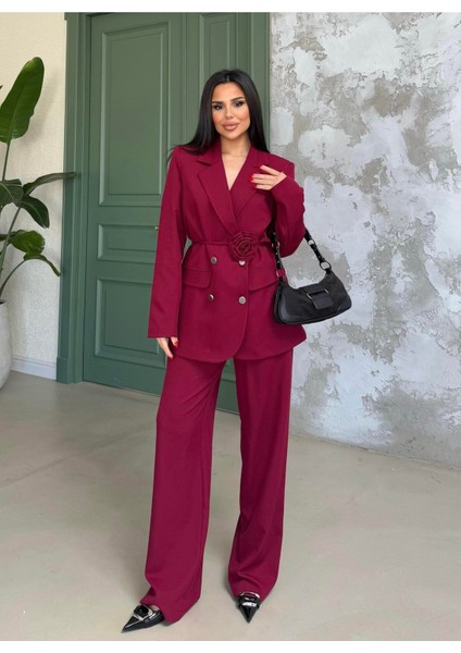 Kadın Gül Kemer Detaylı Palazzo Takım Elbise