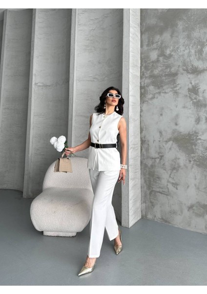 Kadın Kemerli Yelek Palazzo Pantolon Ikili Takım Elbise indirimleri