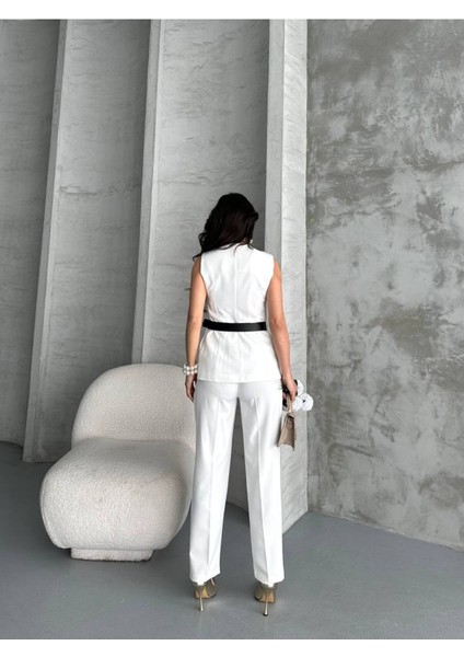 Kadın Kemerli Yelek Palazzo Pantolon Ikili Takım Elbise