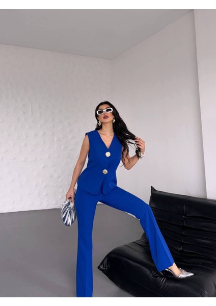 Kadın Gold Kurabiye Düğmeli Yelek Pantolon Takım Elbise modelleri