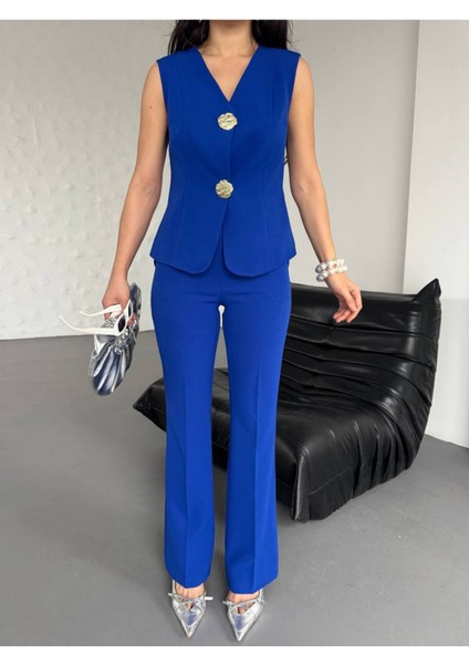 Kadın Gold Kurabiye Düğmeli Yelek Pantolon Takım Elbise