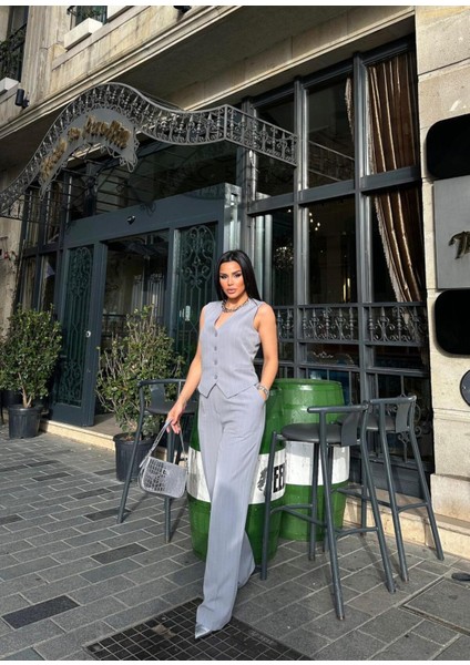 Kadın Klasik Çizgili Yelek Pantolon Takım Elbise modelleri