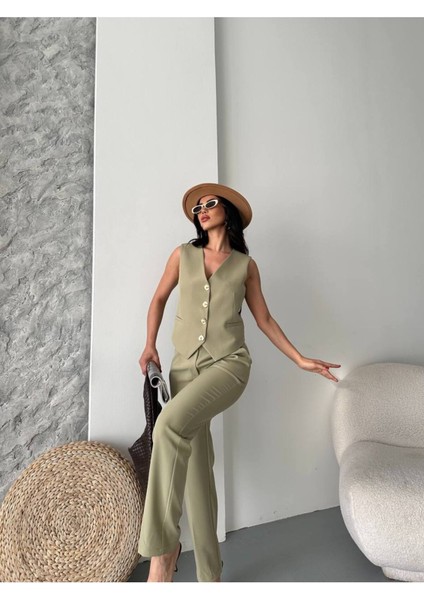Kadın Alt Üst Takım Şık Taş Düğme Detaylı Premium Yelek Pantolon Ikili Takım Elbise modelleri