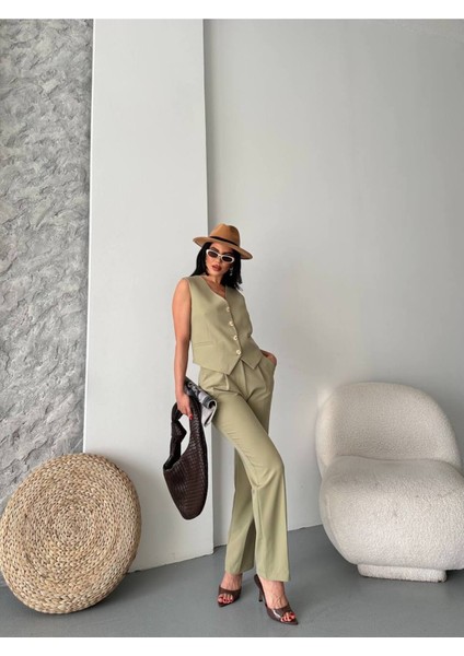 Kadın Alt Üst Takım Şık Taş Düğme Detaylı Premium Yelek Pantolon Ikili Takım Elbise indirimleri