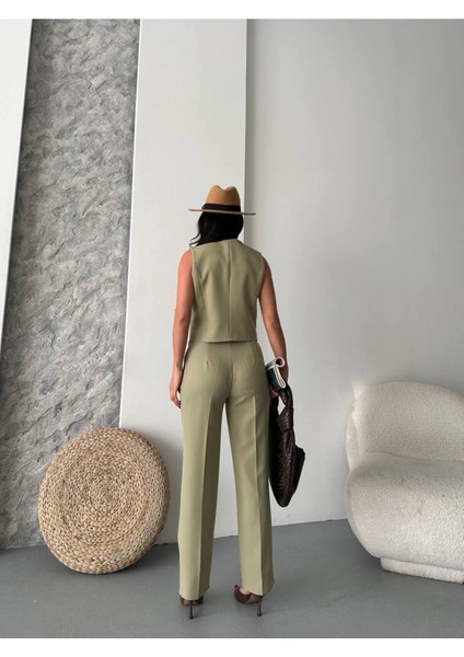 Kadın Alt Üst Takım Şık Taş Düğme Detaylı Premium Yelek Pantolon Ikili Takım Elbise