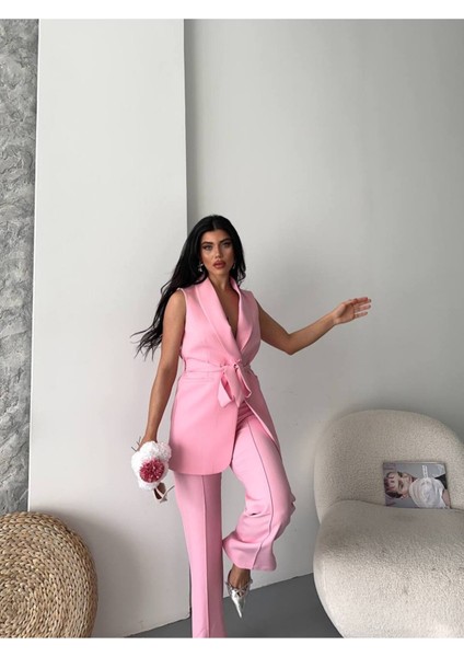 Kadın Şal Yaka Kuşaklı Yelekli Palazzo Pantolonlu Takım Elbise fiyatları