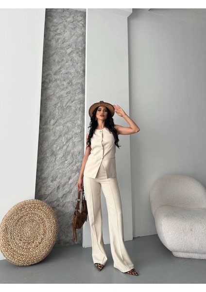 Kadın Alt Üst Takım Şık Düğme Detaylı Premium Yelek Pantolon Ikili Takım Elbise indirimleri