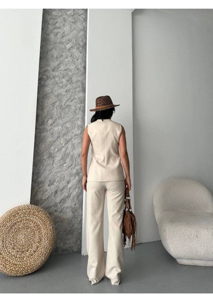 Kadın Alt Üst Takım Şık Düğme Detaylı Premium Yelek Pantolon Ikili Takım Elbise