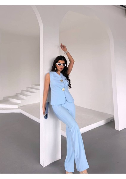 Kadın Gold Kurabiye Düğmeli Yelek Pantolon Takım Elbise indirimleri