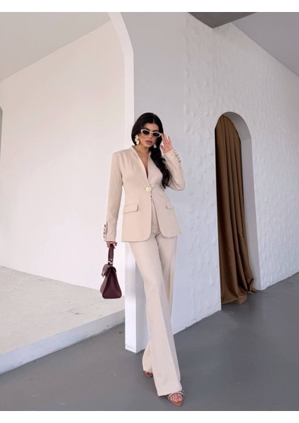 Kadın Gold Kurabiye Düğmeli Blazer Ceket Palazzo Pantolon Takım Elbise