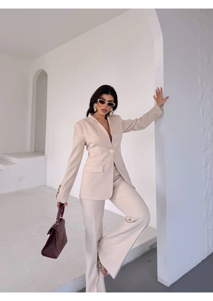 Kadın Gold Kurabiye Düğmeli Blazer Ceket Palazzo Pantolon Takım Elbise fiyatları