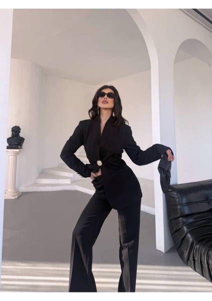 Kadın Gold Kurabiye Düğmeli Blazer Ceket Palazzo Pantolon Takım Elbise modelleri