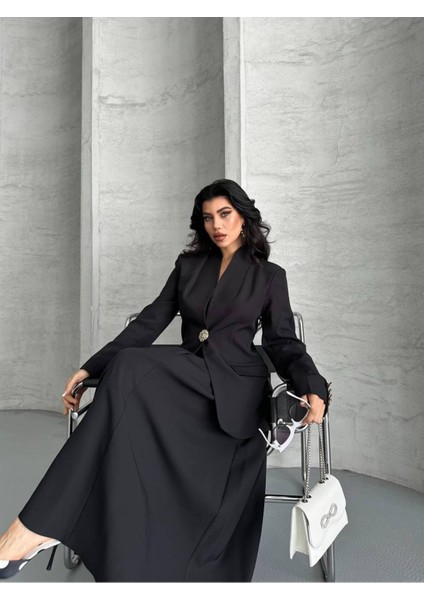 Kadın Gold Kurabiye Düğmeli Blazer Ceket Etek Takım Elbise