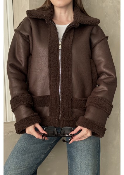 Kadın Içi Kürklü Oversize Suni Deri Mont - Peluş Detaylı Kaban Kışlık Şık Rahat Kombin