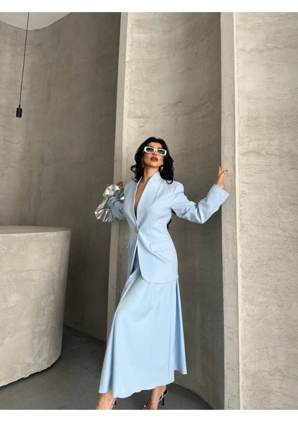 Kadın Gold Kurabiye Düğmeli Blazer Ceket Etek Takım Elbise