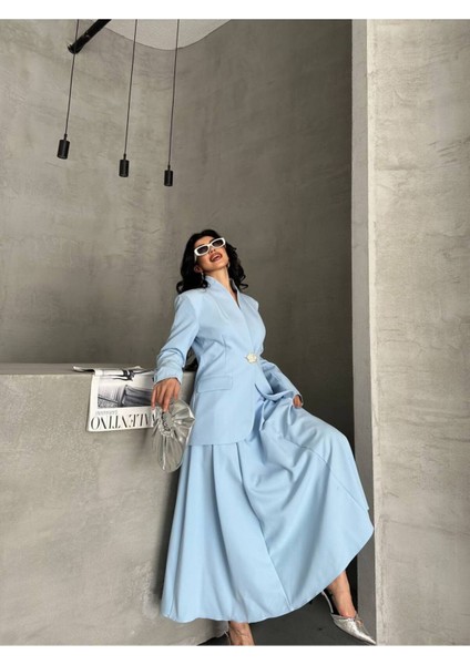 Kadın Gold Kurabiye Düğmeli Blazer Ceket Etek Takım Elbise modelleri