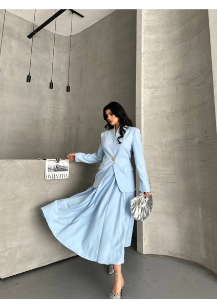 Kadın Gold Kurabiye Düğmeli Blazer Ceket Etek Takım Elbise fırsatları