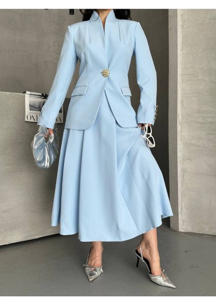 Kadın Gold Kurabiye Düğmeli Blazer Ceket Etek Takım Elbise indirimleri