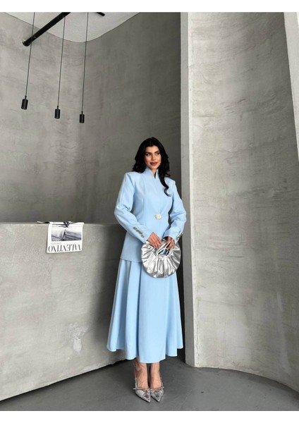 Kadın Gold Kurabiye Düğmeli Blazer Ceket Etek Takım Elbise