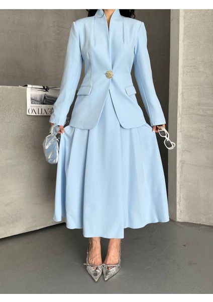 Kadın Gold Kurabiye Düğmeli Blazer Ceket Etek Takım Elbise