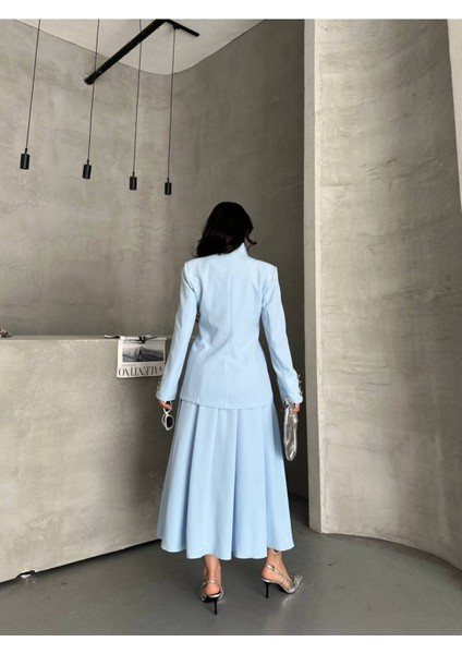 Kadın Gold Kurabiye Düğmeli Blazer Ceket Etek Takım Elbise