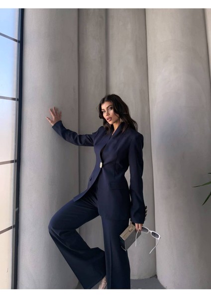 Kadın Gold Kurabiye Düğmeli Blazer Ceket Palazzo Pantolon Takım Elbise fırsatları