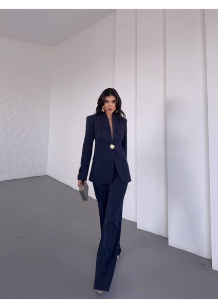 Kadın Gold Kurabiye Düğmeli Blazer Ceket Palazzo Pantolon Takım Elbise