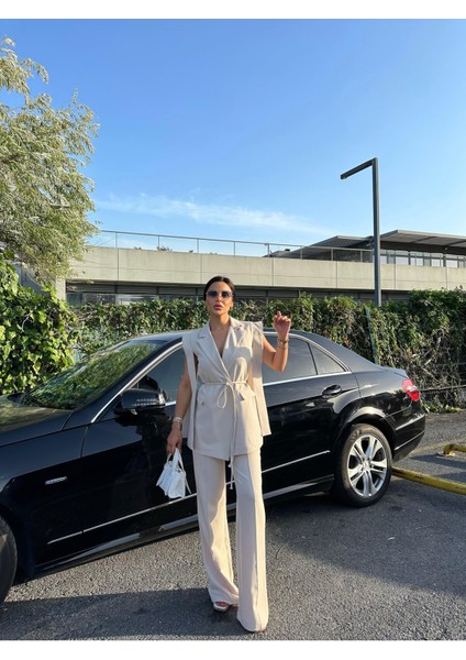 Kadın Oversize Bağlamalı Tasarım Yelek Pantolon Takım Elbise