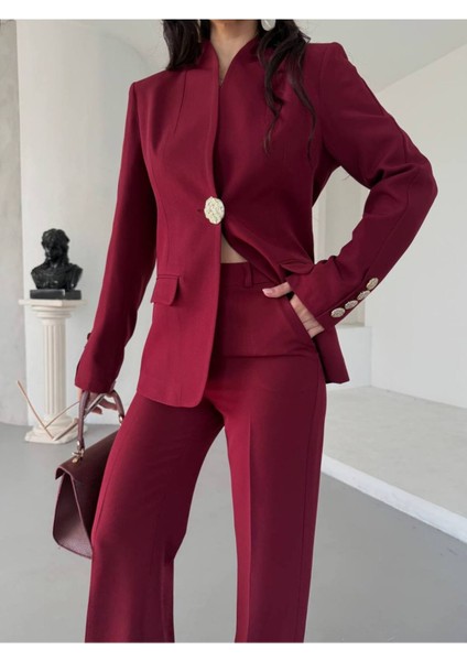 Kadın Gold Kurabiye Düğmeli Blazer Ceket Palazzo Pantolon Takım Elbise