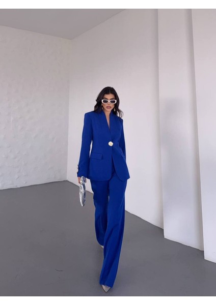 Kadın Gold Kurabiye Düğmeli Blazer Ceket Palazzo Pantolon Takım Elbise