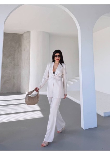 Kadın Ikili Kemer Detay Ceket Palazzo Pantolon Premium Takım Elbise