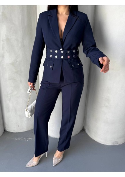 Kadın Zımba Kemer Detaylı Çıtçıtlı Cekete Palazzo Pantolon Şık Takım Elbise