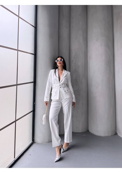 Kadın Zımba Kemer Detaylı Çıtçıtlı Cekete Palazzo Pantolon Şık Takım Elbise