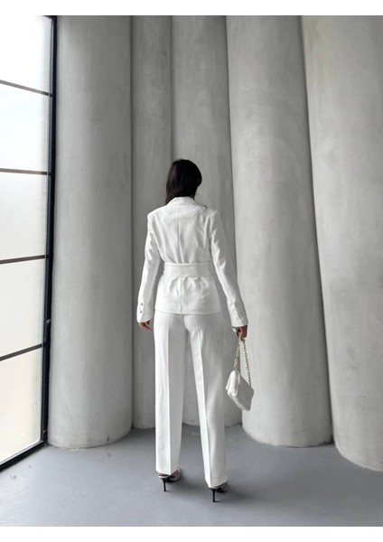 Kadın Zımba Kemer Detaylı Çıtçıtlı Cekete Palazzo Pantolon Şık Takım Elbise