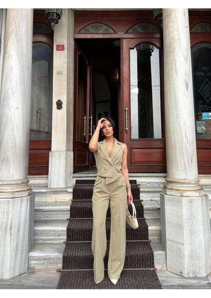 Kadın Asimetrik Kesim Yelek Palazzo Pantolon Takım Elbise fiyatları