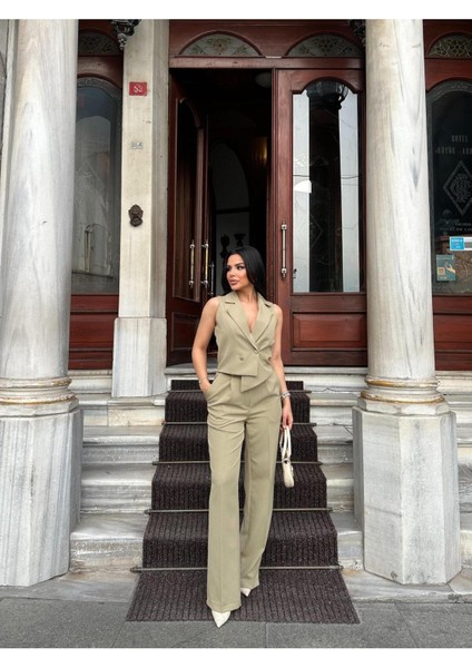 Kadın Asimetrik Kesim Yelek Palazzo Pantolon Takım Elbise