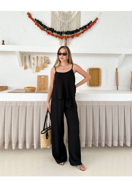 Kadın Keten Görünümlü Askılı Yazlık Alt Üst Takım