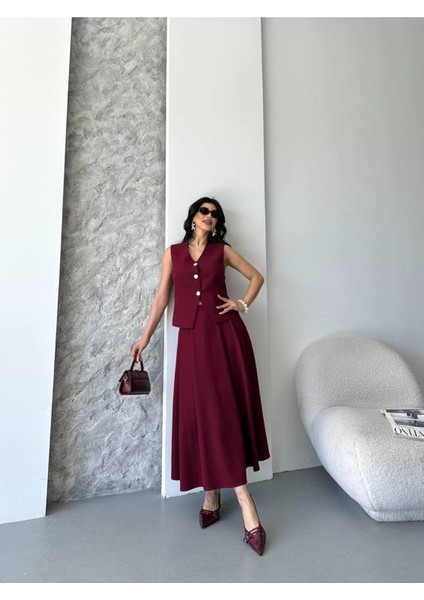 Kadın Alt Üst Takım Şık Düğme Detaylı Premium Yelek Etek Ikili Takım Elbise indirimleri