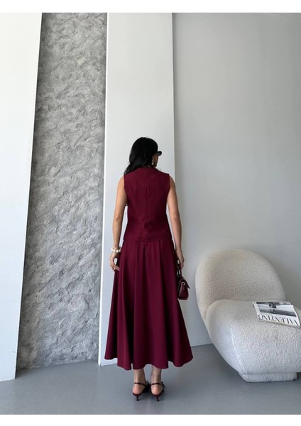 Kadın Alt Üst Takım Şık Düğme Detaylı Premium Yelek Etek Ikili Takım Elbise