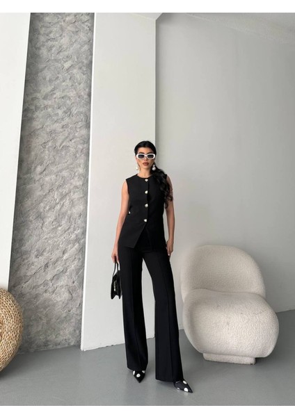 Kadın Alt Üst Takım Şık Düğme Detaylı Premium Yelek Pantolon Ikili Takım Elbise fırsatları