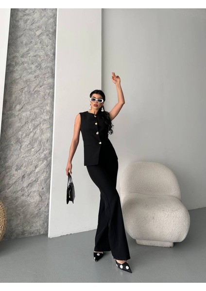 Kadın Alt Üst Takım Şık Düğme Detaylı Premium Yelek Pantolon Ikili Takım Elbise indirimleri