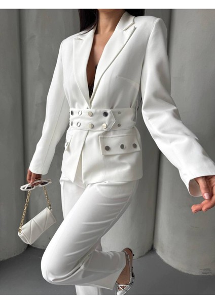 Kadın Zımba Kemer Detaylı Çıtçıtlı Cekete Palazzo Pantolon Şık Takım Elbise