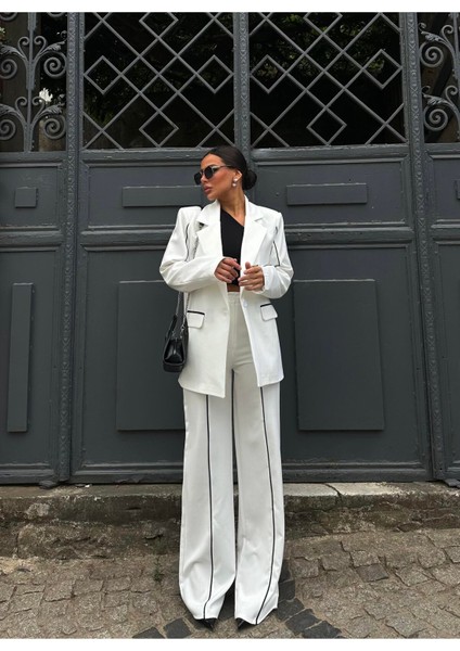 Kadın Çizgi Biyeli Blazer Ceket Pantolon Takım Elbise fiyatları