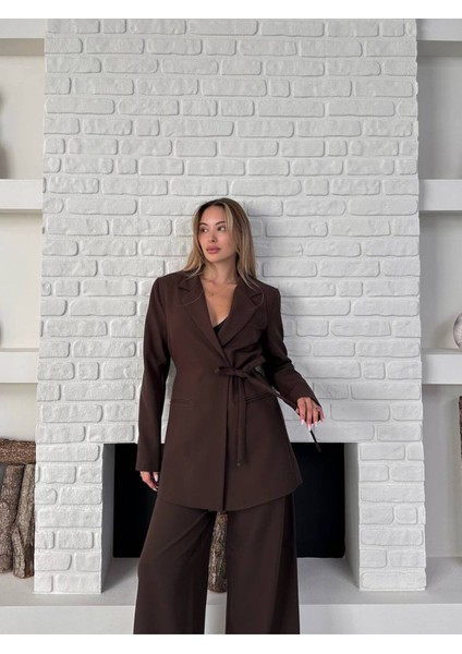 Kadın Yandan Bağlamalı Kuşaklı Blazer Ceket Palazzo Pantolon Ikili Takım Elbise modelleri